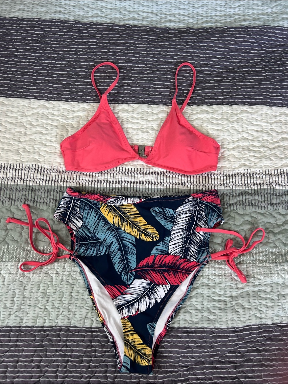 Cupshe Coral Pink Triangle Bikini Top with Tropical High-Waist Tie-Side Bottoms